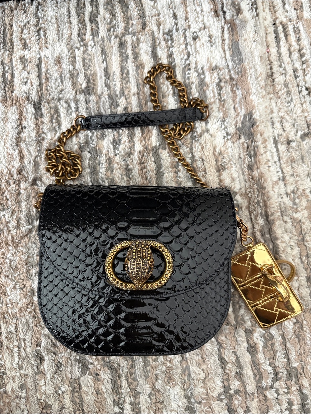 Kurt Geiger Black Patent Snake-print Crossbody Bag w/ Gold Hardware & bag charm